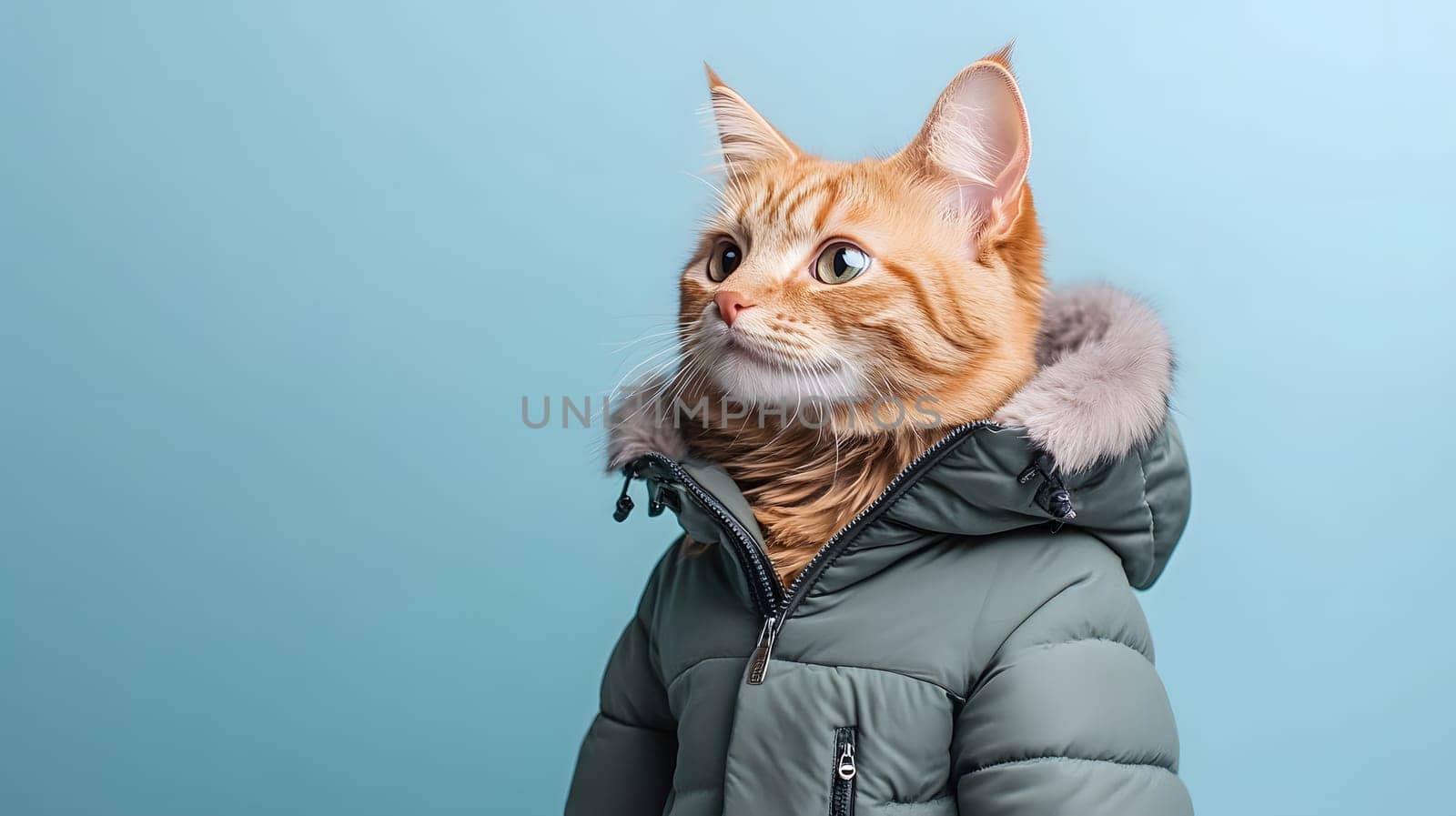 A cat wearing a stylish winter coat against a blue background.