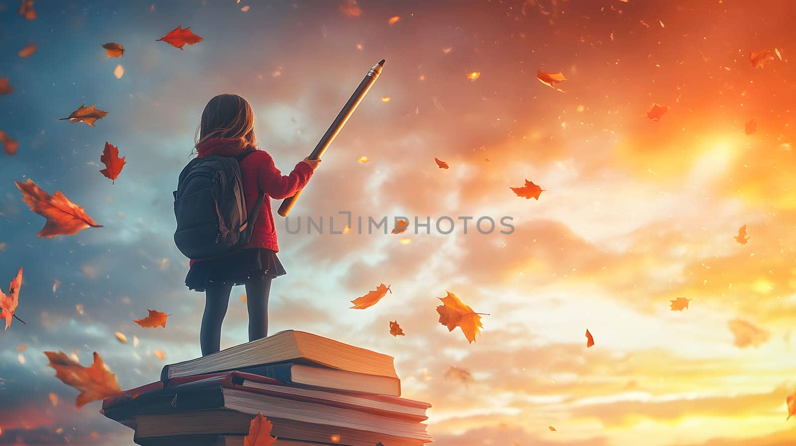 A child stands on books, holding a pencil, gazing at a sunset.
