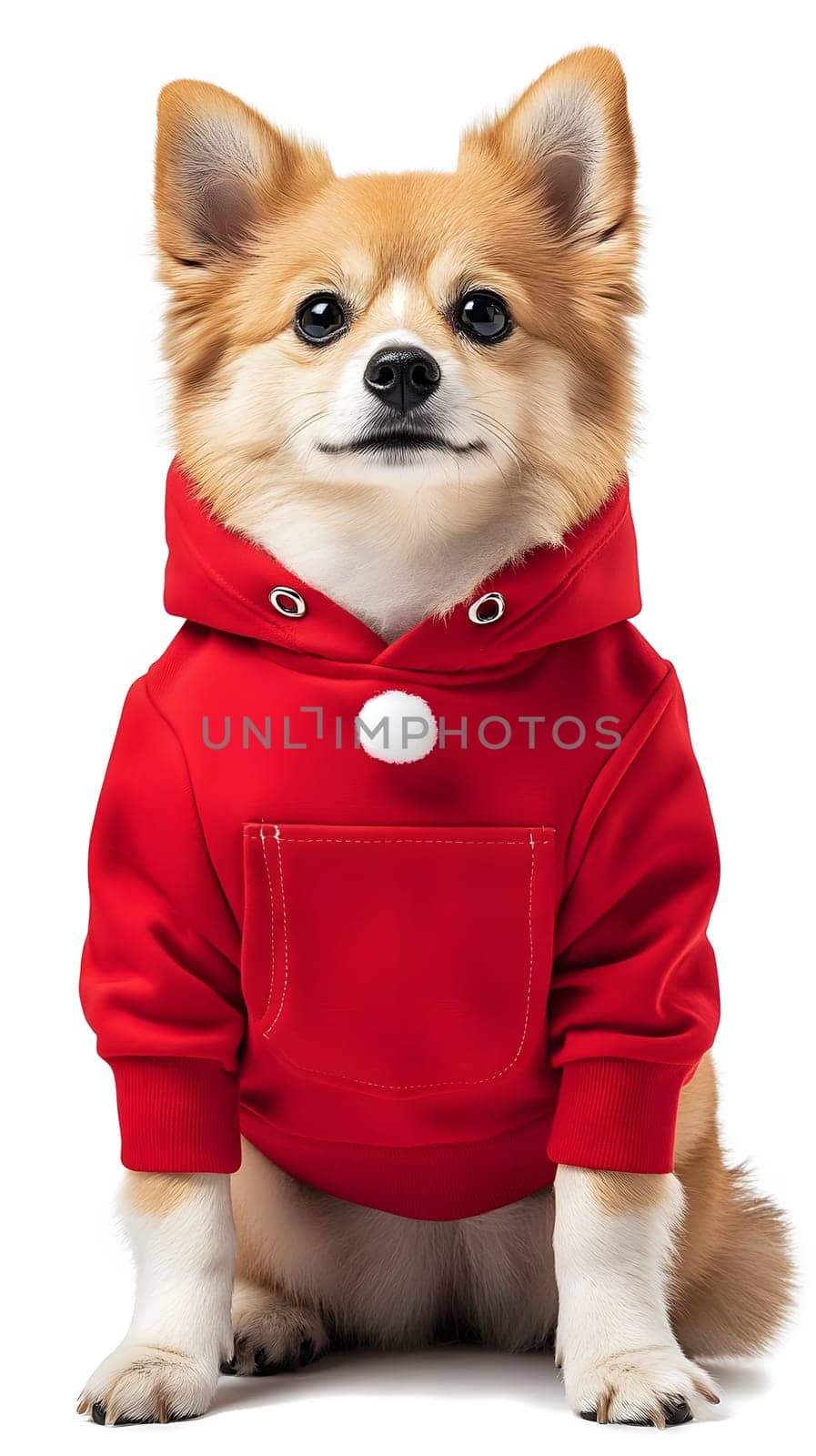 A corgi wearing a red hoodie with a pocket and pom-pom.