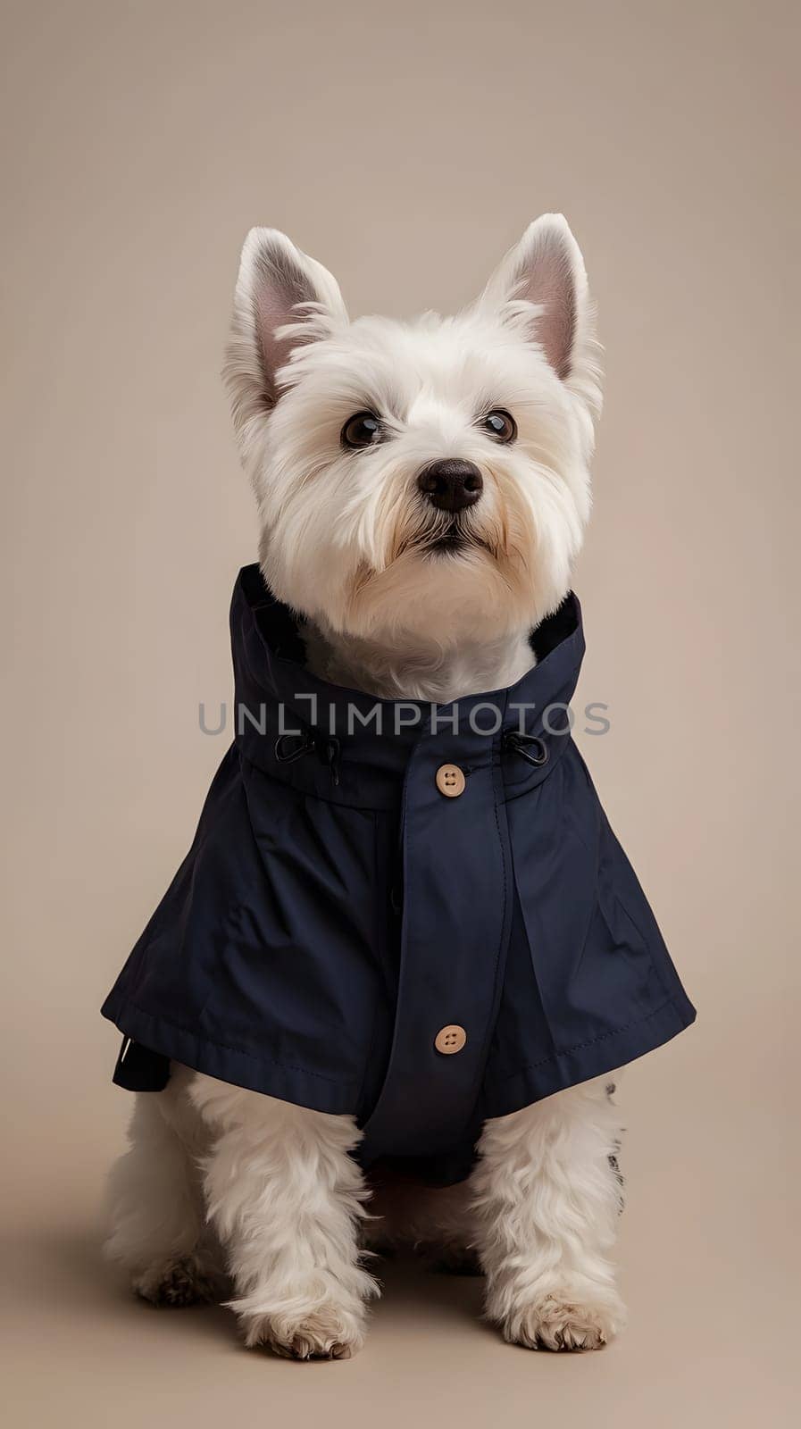 A cute dog wearing a navy raincoat, posed against a neutral background.