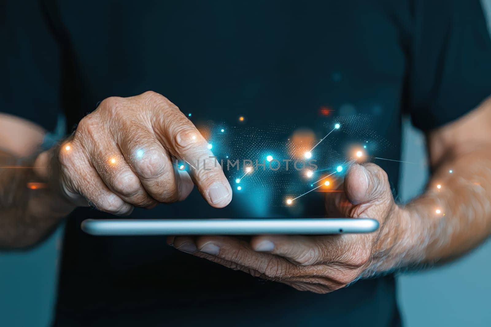 A Close up of senior man hands using tablet, showcasing digital interaction and technology. image conveys sense of engagement and innovation