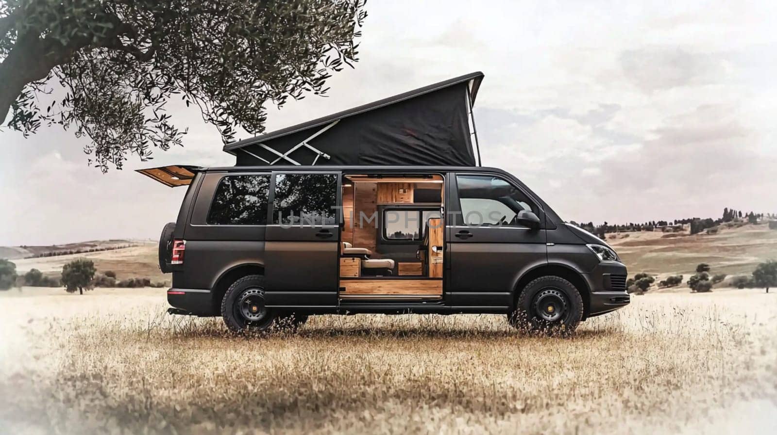 Sleek black camper van is parked in a field, its door open to reveal a cozy interior, inviting you to experience the freedom of the open road