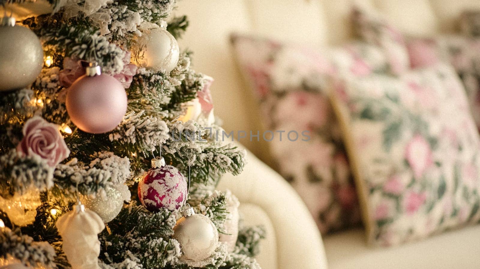 Christmas, holiday decor and country cottage style, cosy atmosphere, decorated Christmas tree in the English countryside house living room with fireplace, interior decoration idea