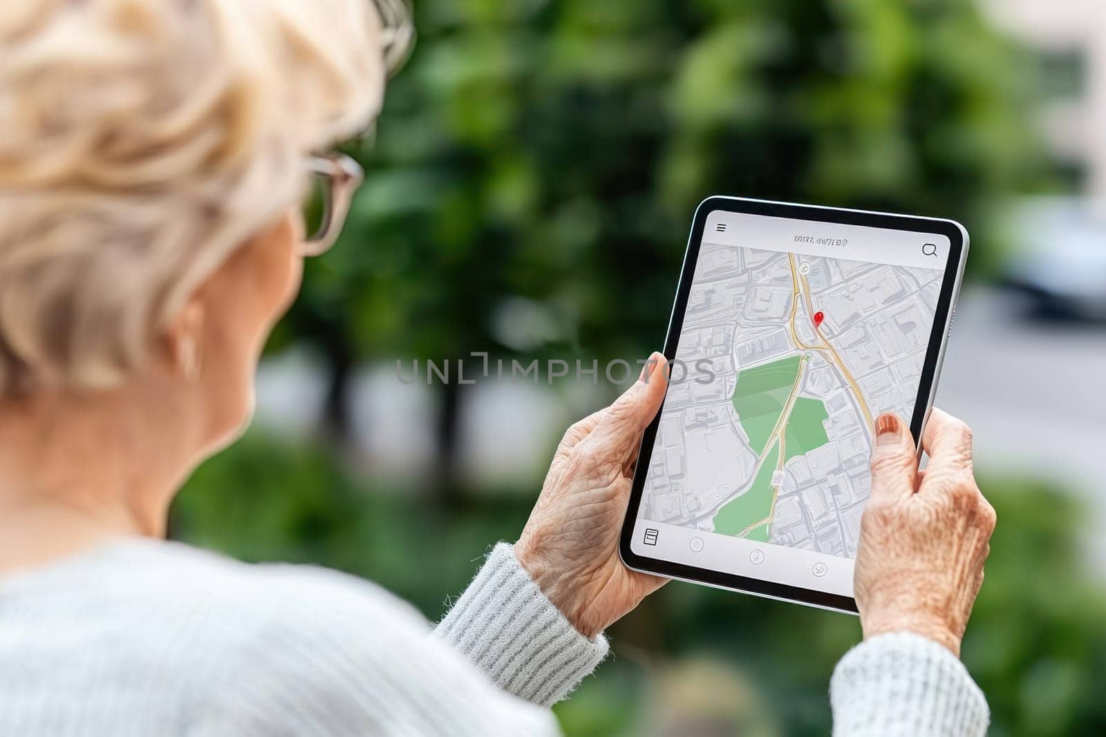 A Senior woman using tablet for navigation outdoors, showcasing accessibility and technology