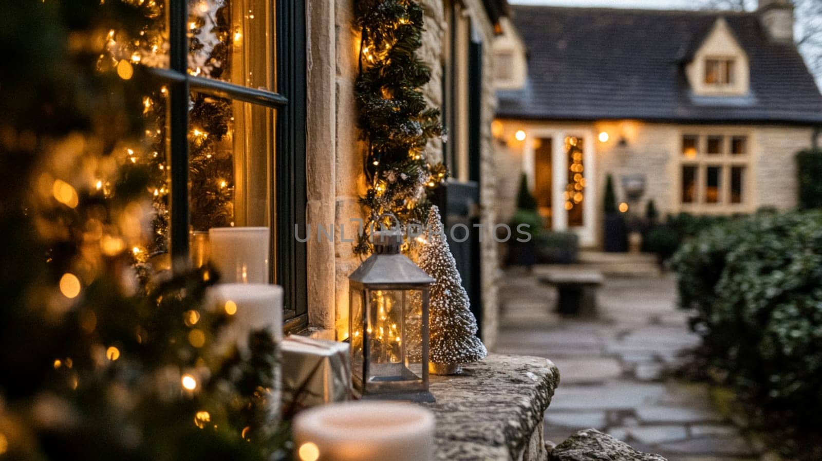 Christmas in the countryside, cottage decorated for holidays on a snowy winter evening with snow and holiday lights, English country styling inspiration