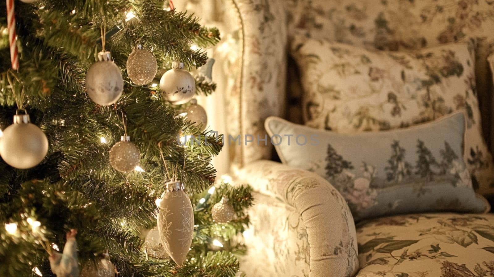 Christmas, holiday decor and country cottage style, cosy atmosphere, decorated Christmas tree in the English countryside house living room with fireplace, interior decoration idea