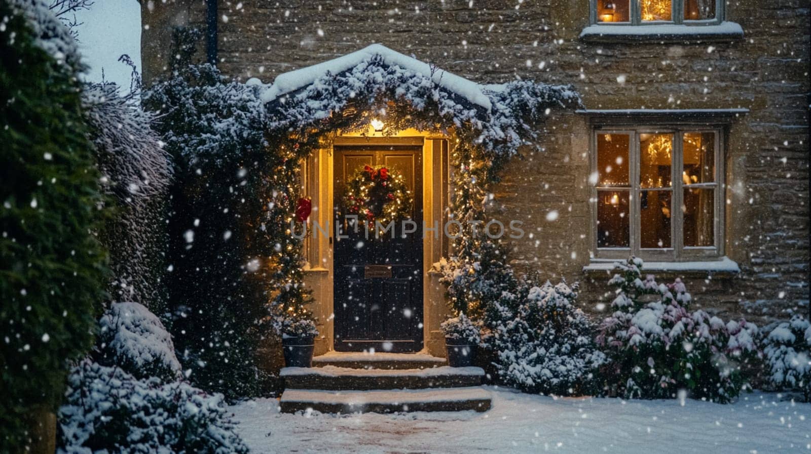 Christmas in the countryside, cottage decorated for holidays on a snowy winter evening with snow and holiday lights, English country styling inspiration