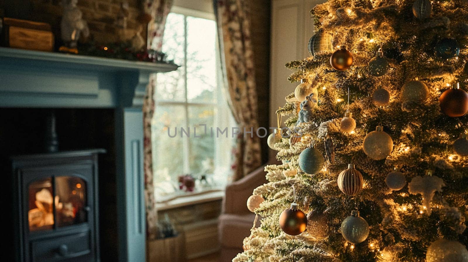Christmas, holiday decor and country cottage style, cosy atmosphere, decorated Christmas tree in the English countryside house living room with fireplace, interior decoration idea