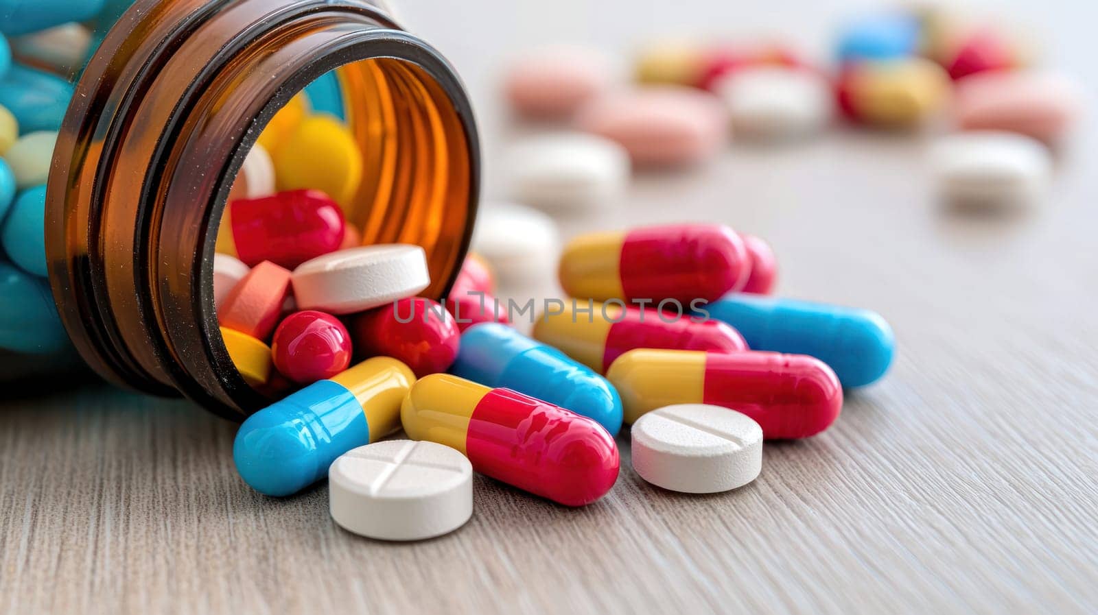 A Pills and capsules scattered around open bottle on wooden surface