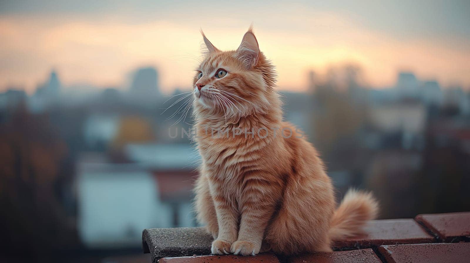 A ginger cat sitting gracefully on rooftop, gazing at sunset. Its fur glows in warm light, creating serene atmosphere