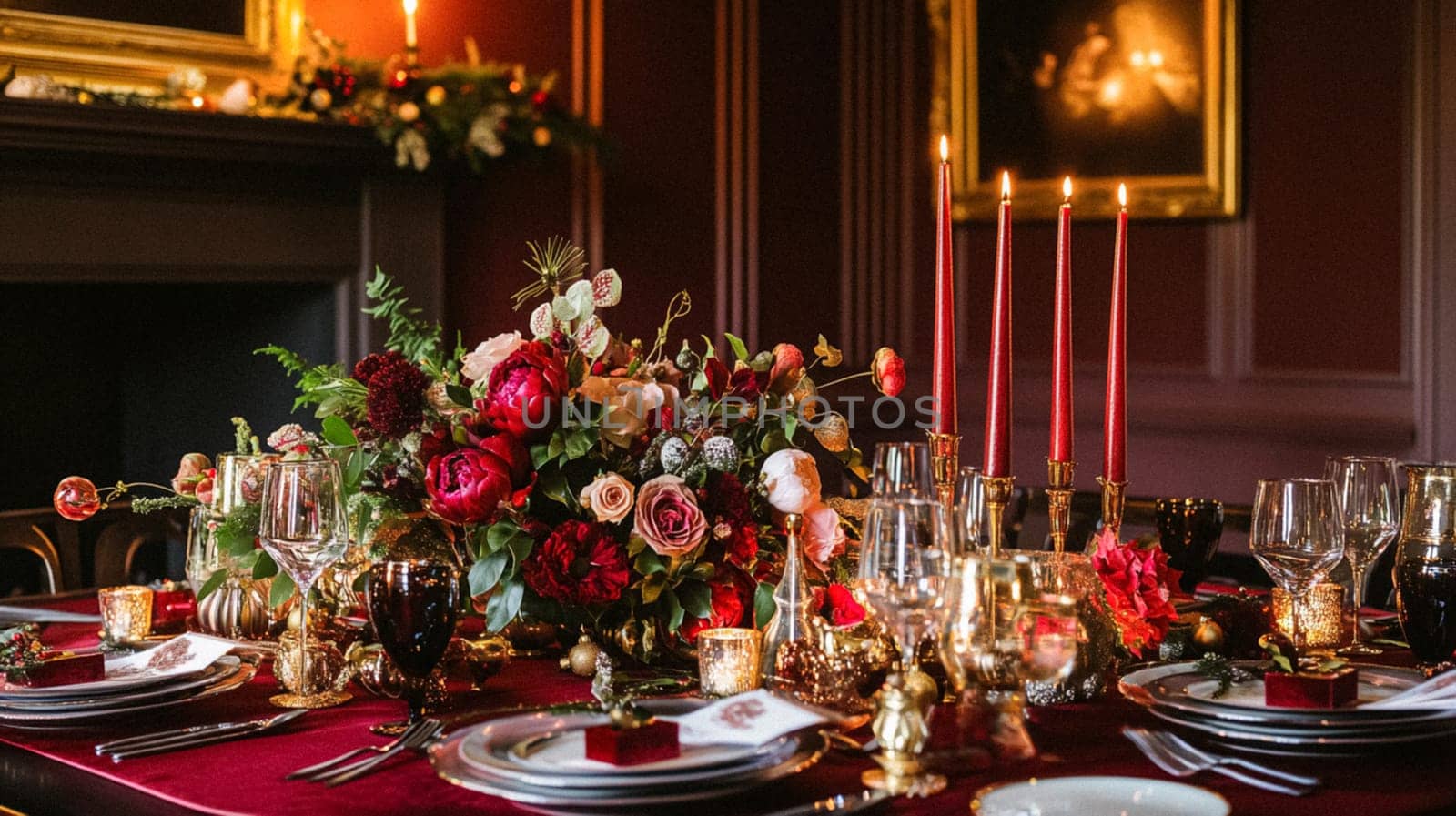 Christmas tablescape decoration, formal family dinner holiday celebration, luxury table setting decor, English country and home style idea