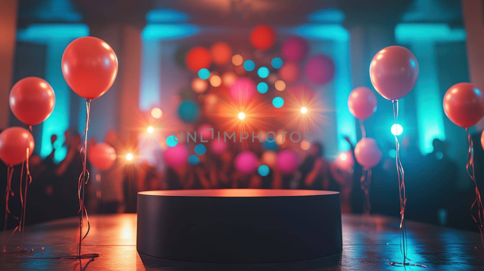 A modern podium set up in vibrant event hall with colorful balloons and lights, creating exciting atmosphere for celebrations