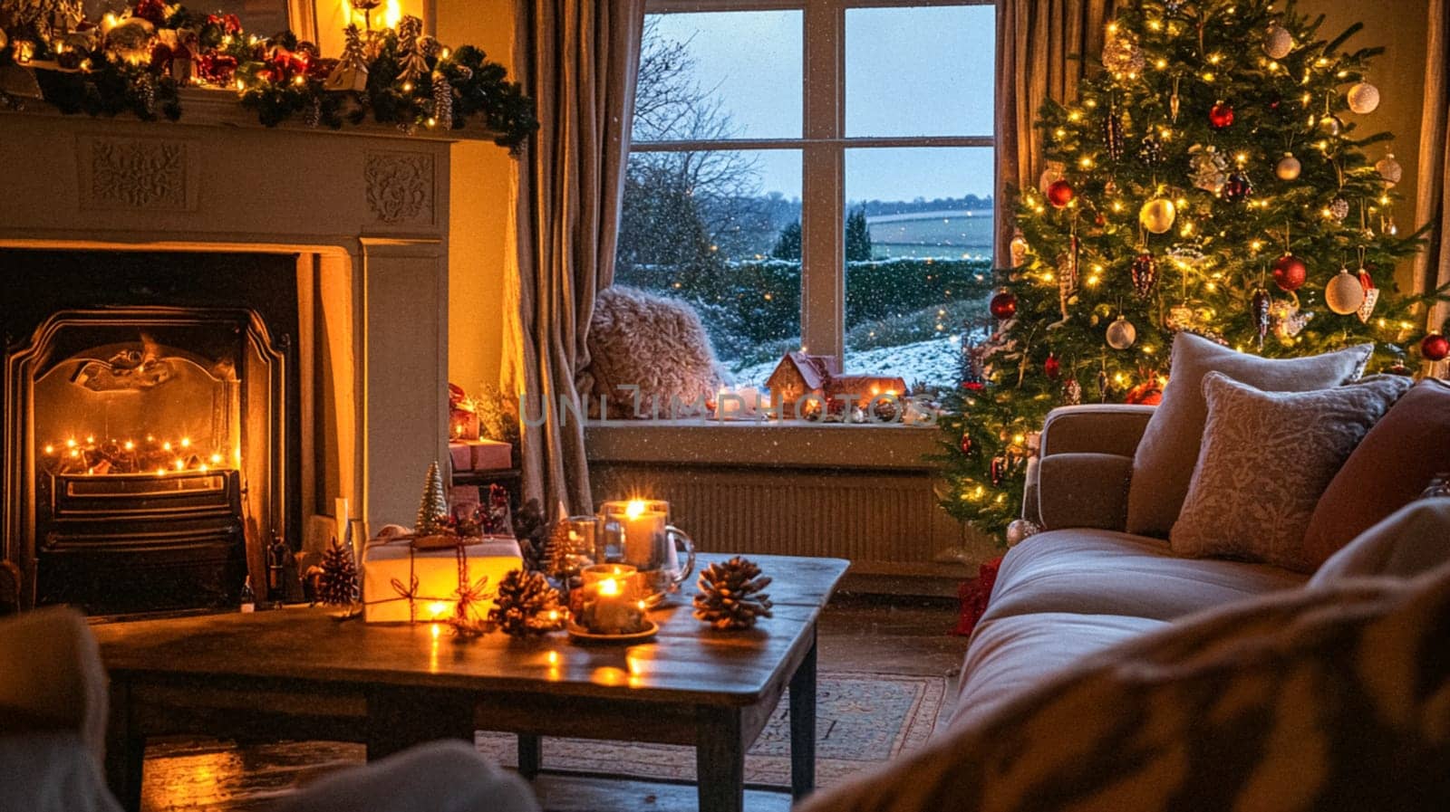 Christmas, holiday decor and country cottage style, cosy atmosphere, decorated Christmas tree in the English countryside house living room with fireplace, interior decoration idea