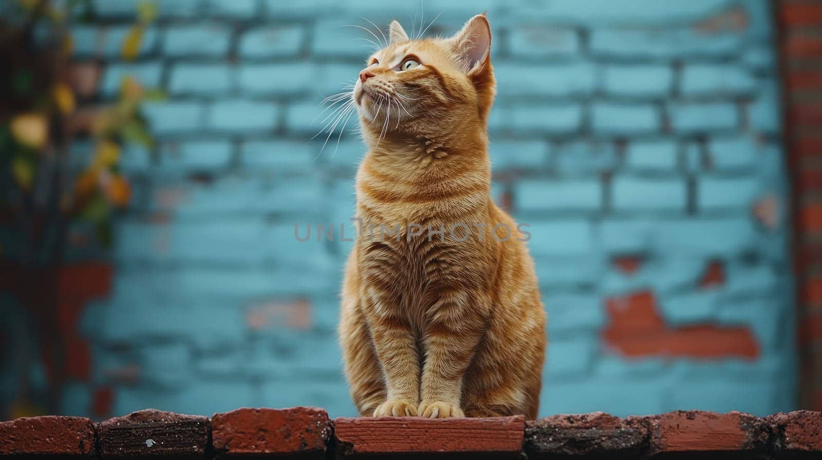 A ginger cat sitting gracefully ledge, gazing thoughtfully surroundings. Its fur shines against vibrant blue background, creating serene atmosphere