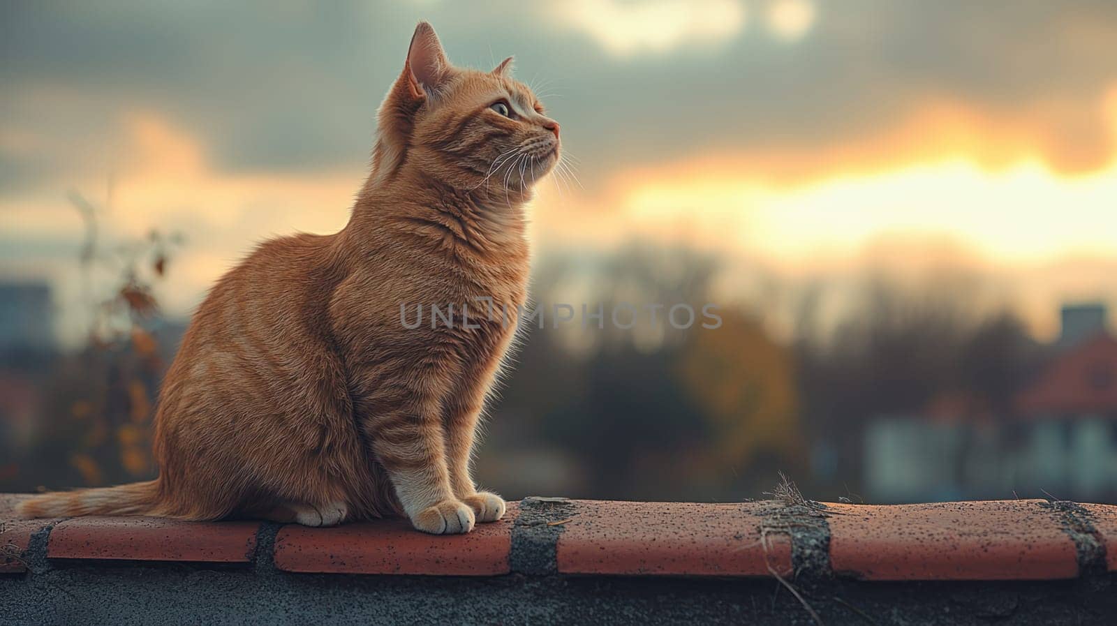 A ginger cat sitting gracefully on rooftop, gazing at sunset. serene atmosphere enhances beauty of this moment