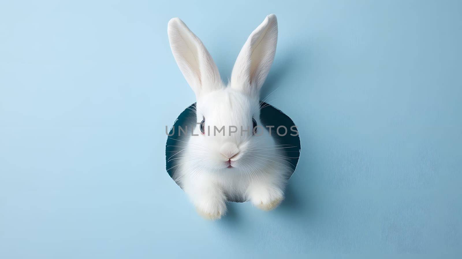 A cute white rabbit peeking through a round hole in a blue background.