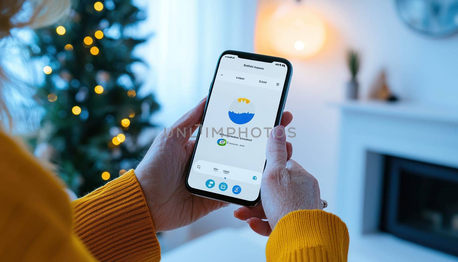 A senior woman using smartphone to access simplified interface, showcasing colorful app design. cozy setting adds warmth to moment