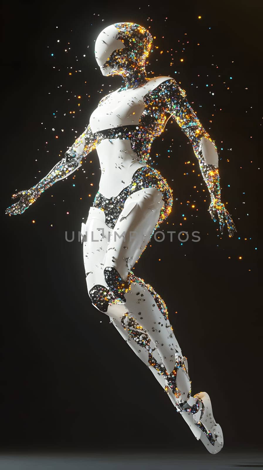 A futuristic humanoid robot composed of particles in motion.