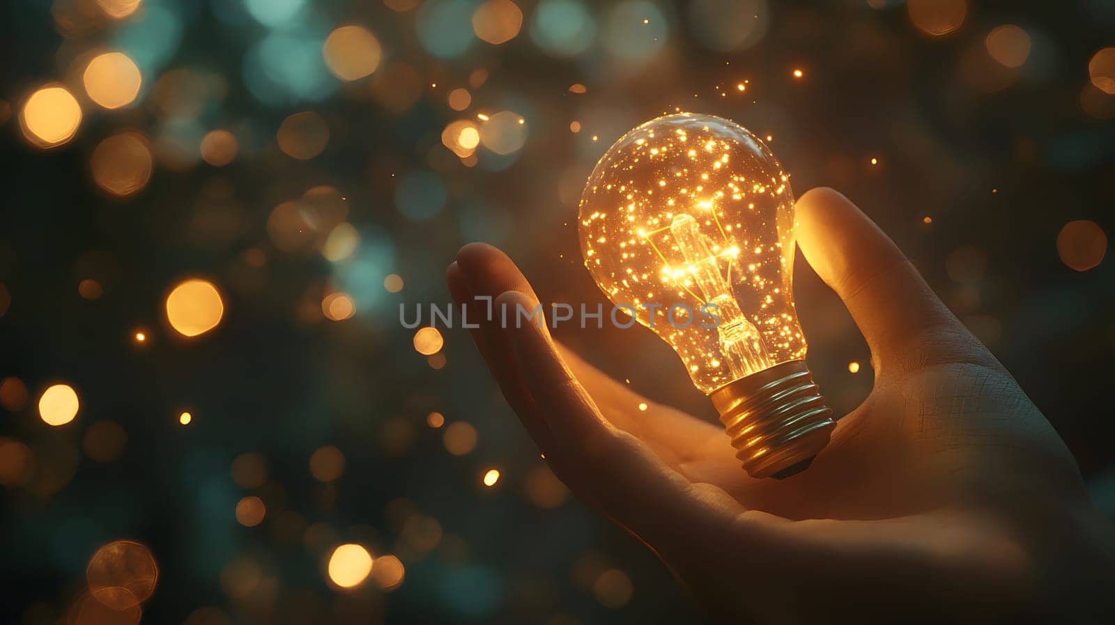 A hand holding a glowing light bulb filled with sparkles.