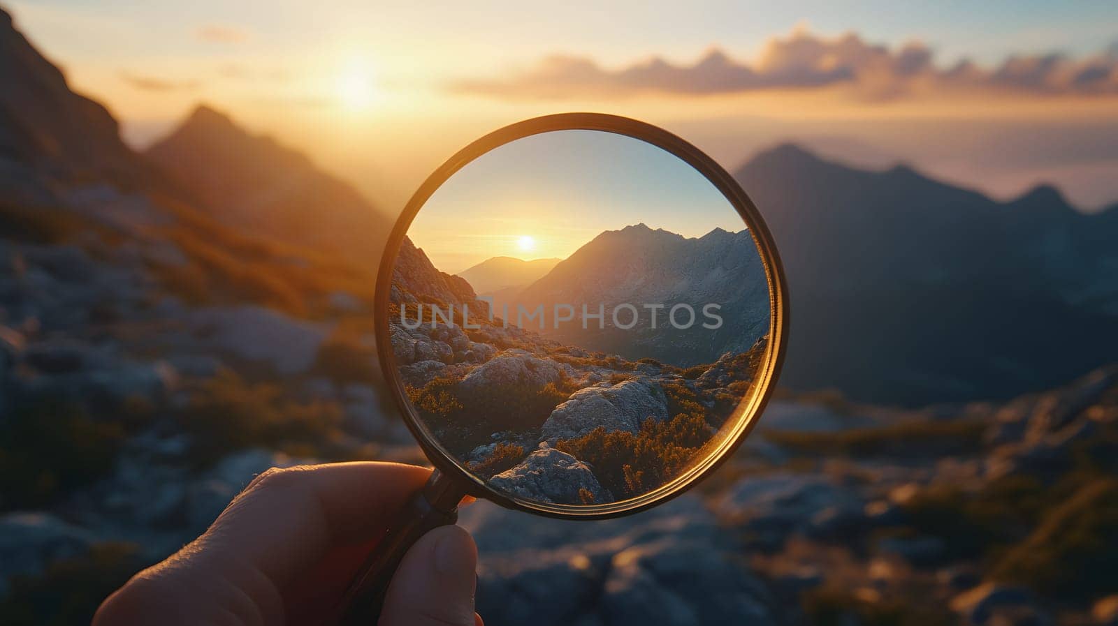 A hand holding a magnifying glass reflecting a mountain sunset.