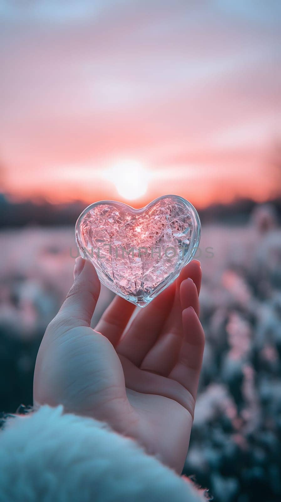 A hand holding a transparent heart-shaped object at sunset.