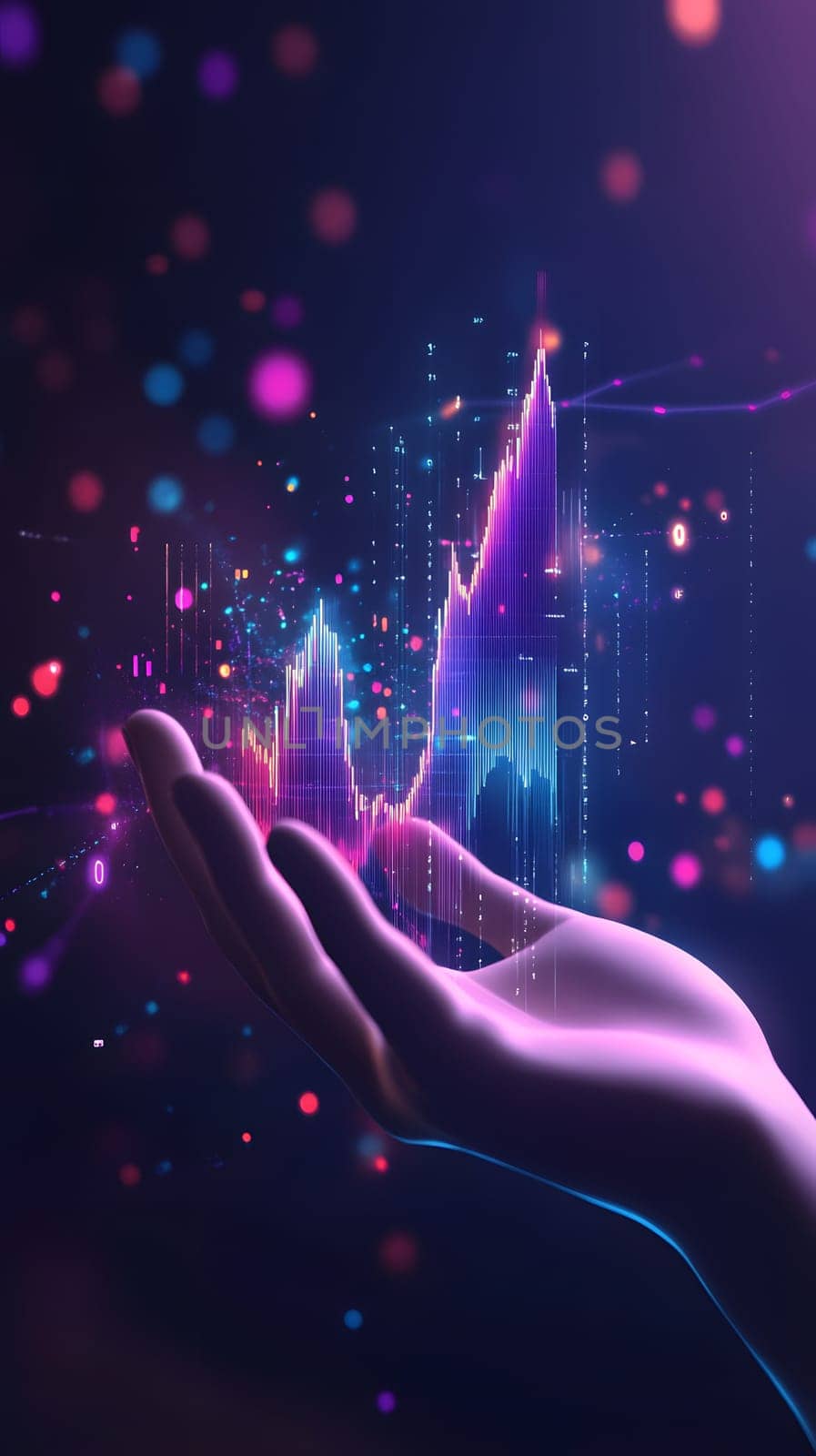 A hand holding a vibrant data visualization with colorful elements.