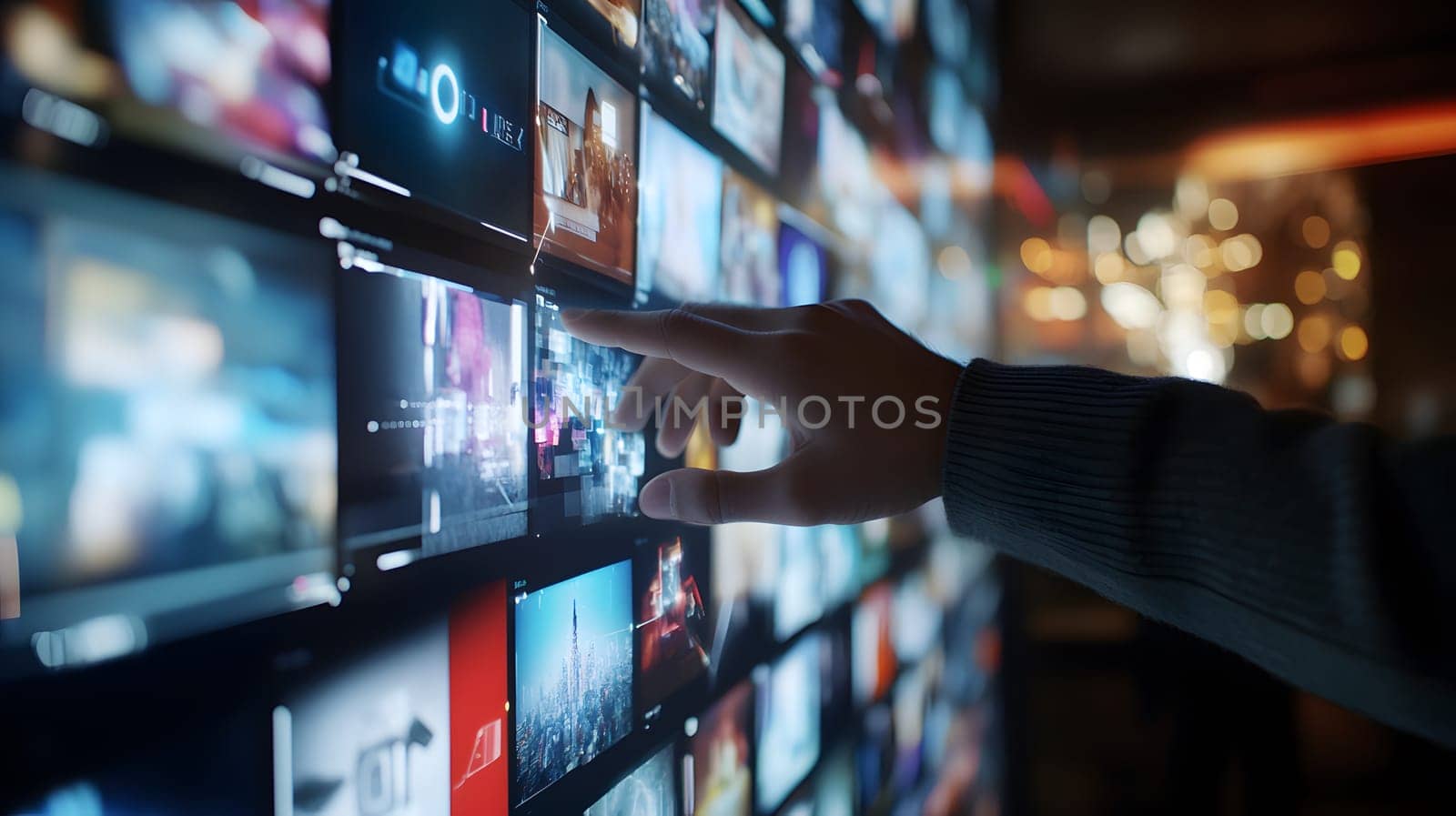 A hand interacting with a digital display of various images.