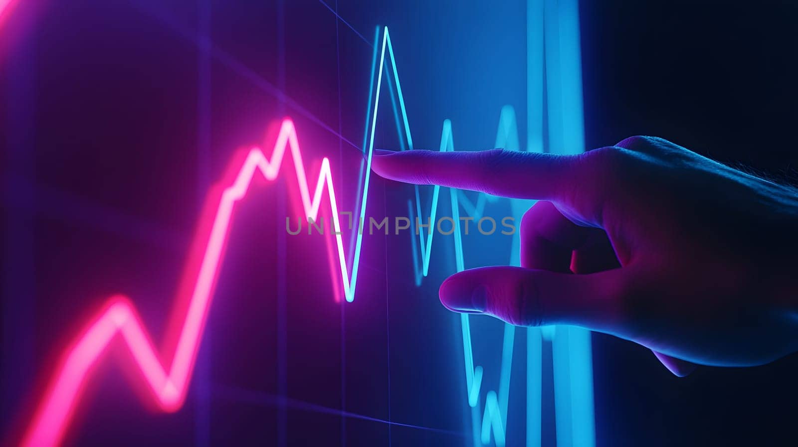 A hand points at a colorful data graph on a digital screen.