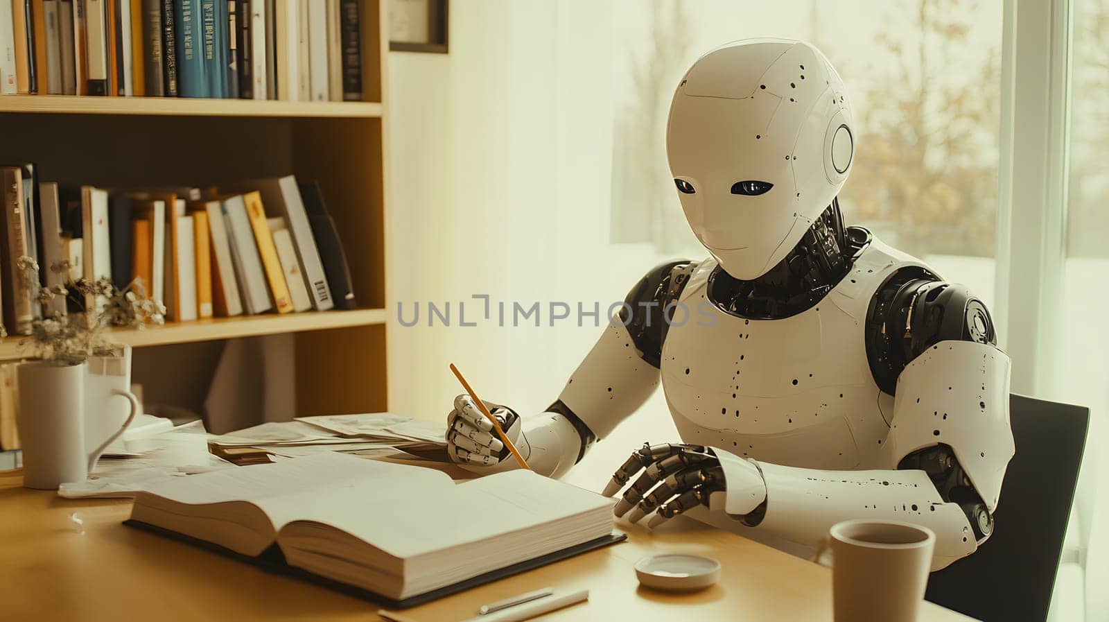 A humanoid robot writing in a book at a desk.