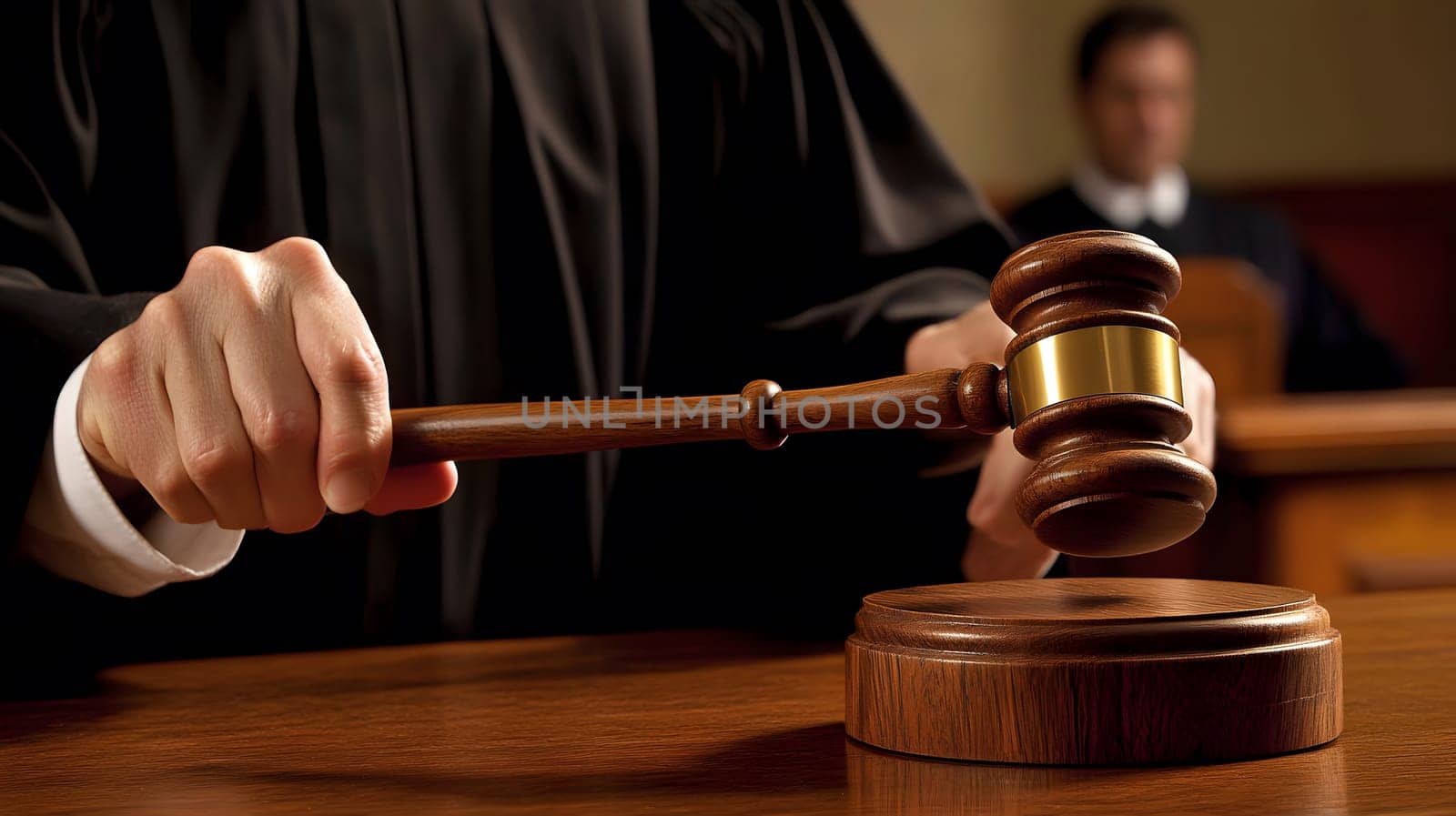 A judge striking a gavel in a courtroom setting.