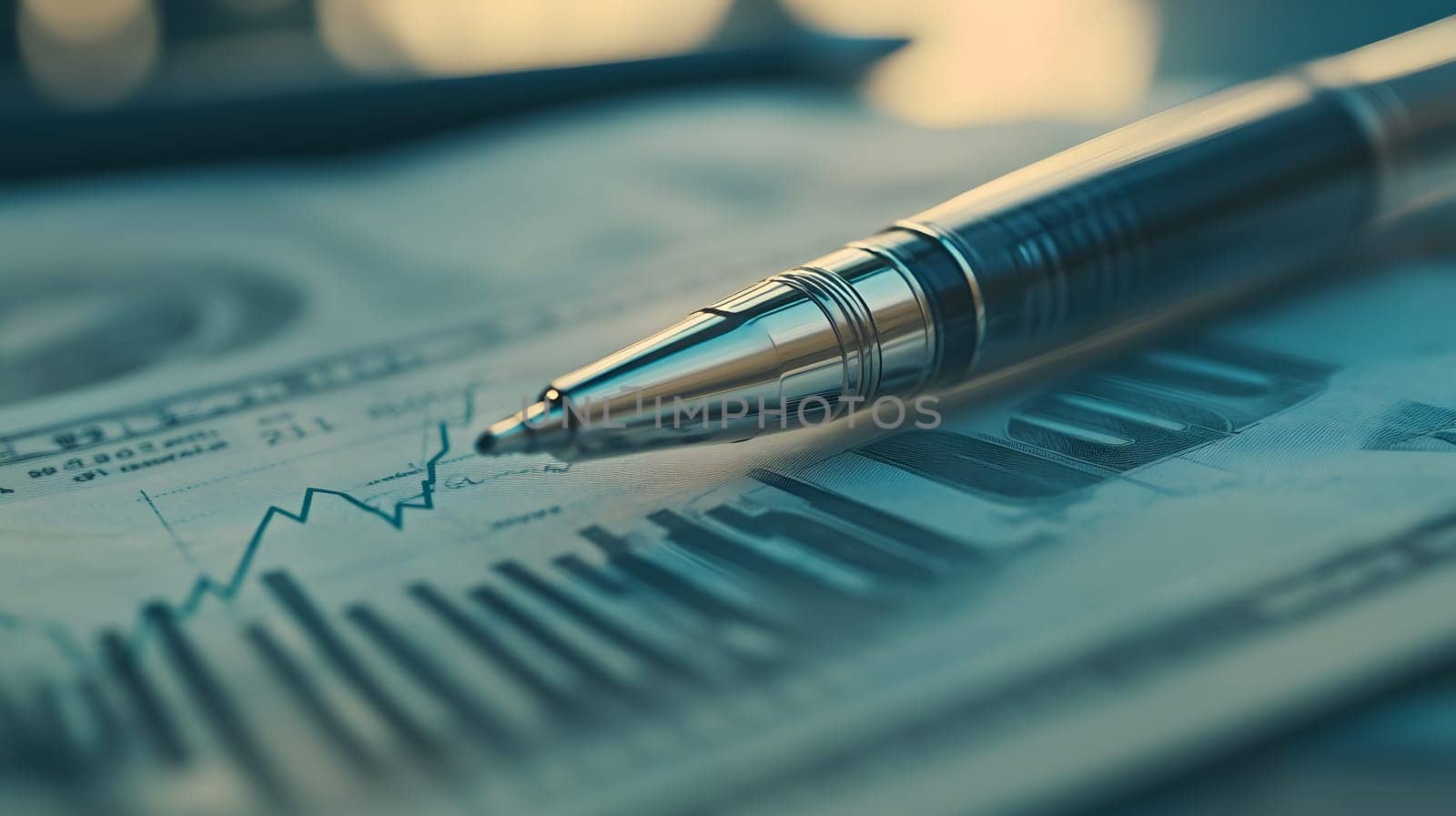 A pen resting on financial documents with graphs and charts.