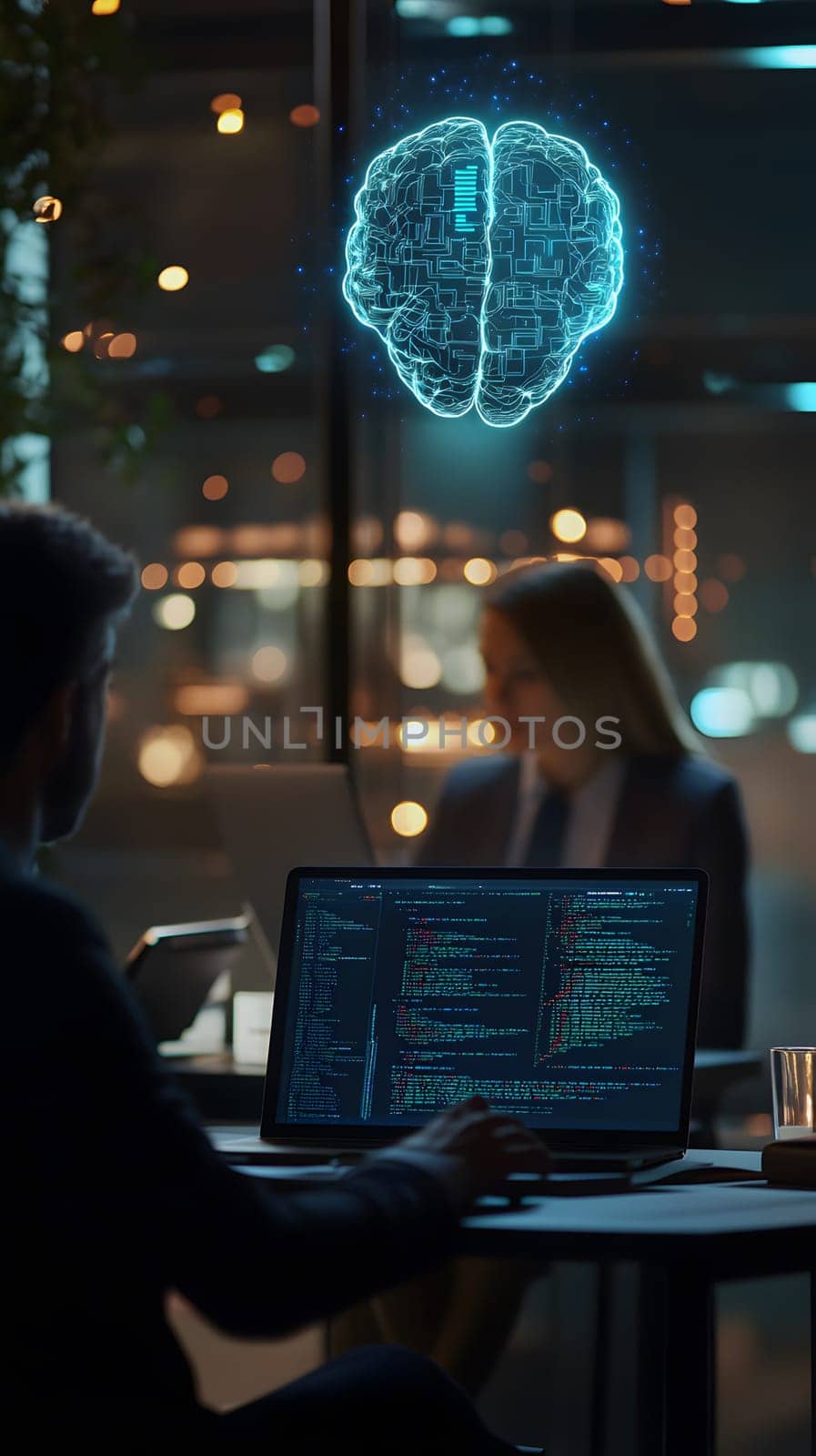 A person coding with a holographic brain above, symbolizing AI.