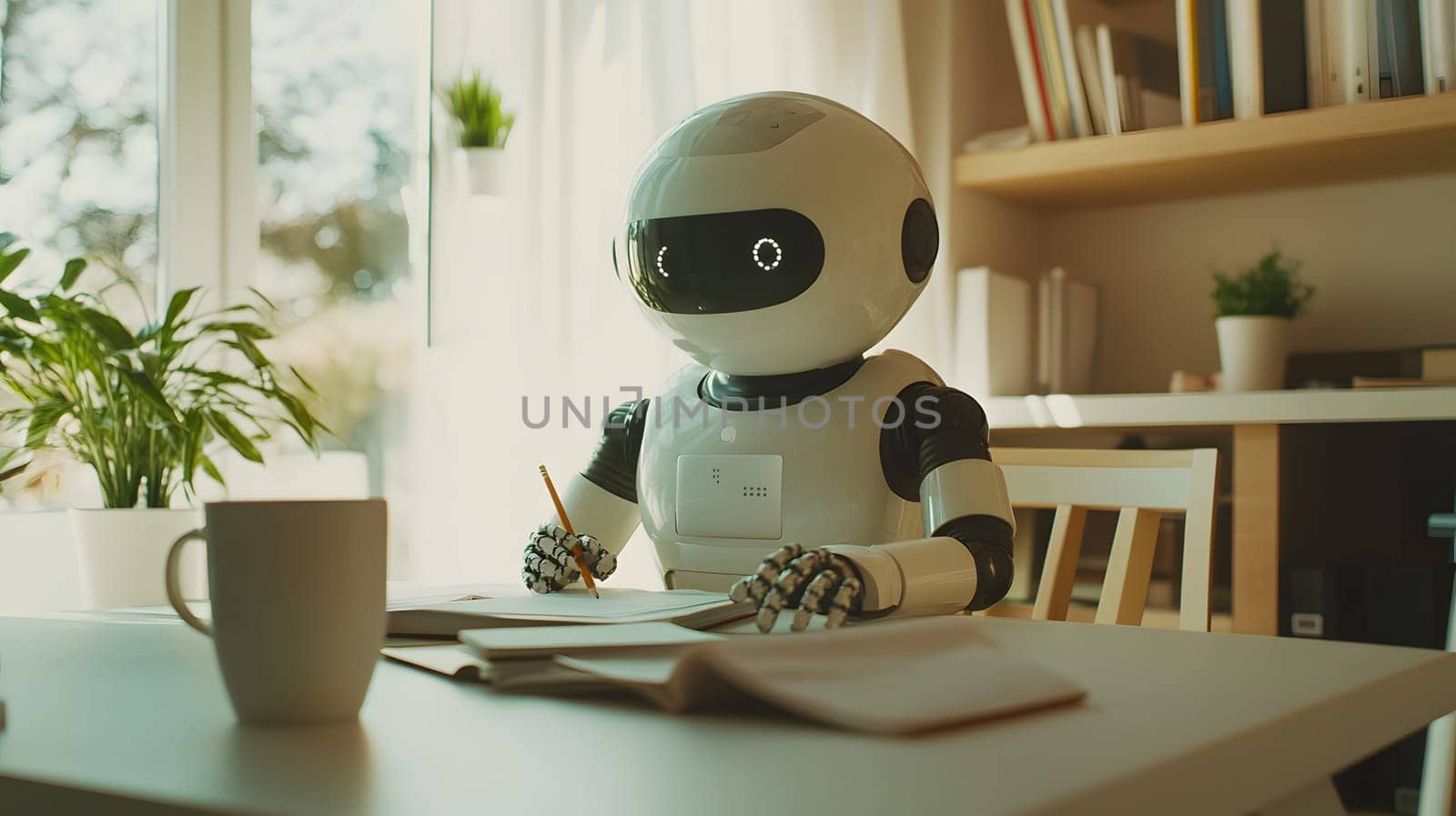 A robot studying at a desk with books and a cup of coffee.