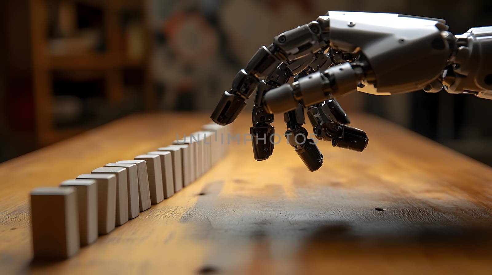 A robotic hand poised to interact with a line of dominoes.