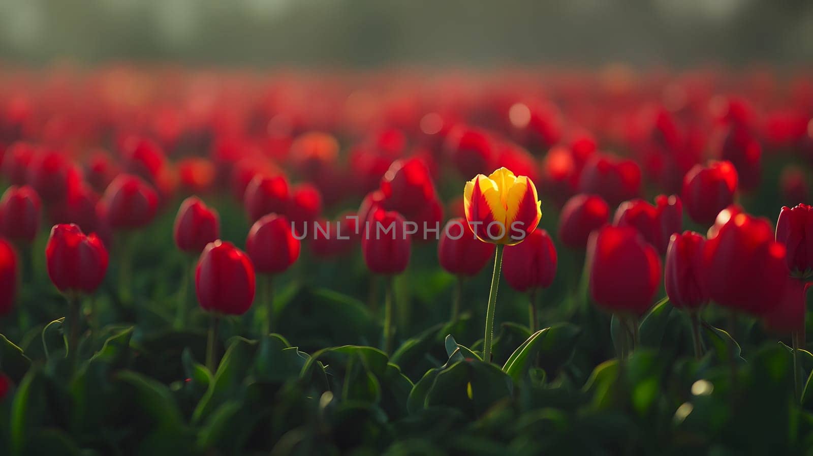 A vibrant field of red tulips with one striking yellow tulip.
