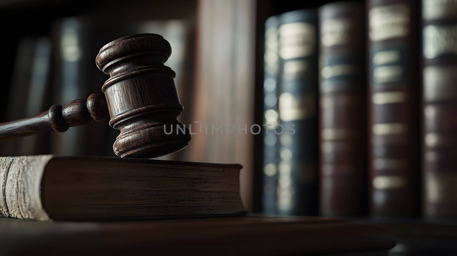 A wooden gavel rests on a law book with legal texts behind.