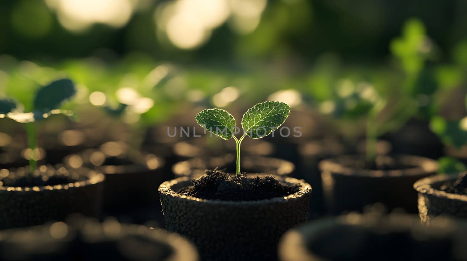 A young plant sprouting from soil in a pot among others.