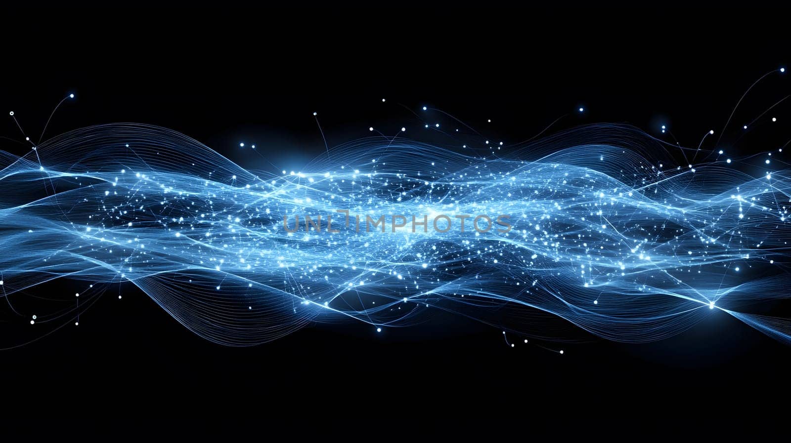 Abstract blue wave with glowing particles on a black background.
