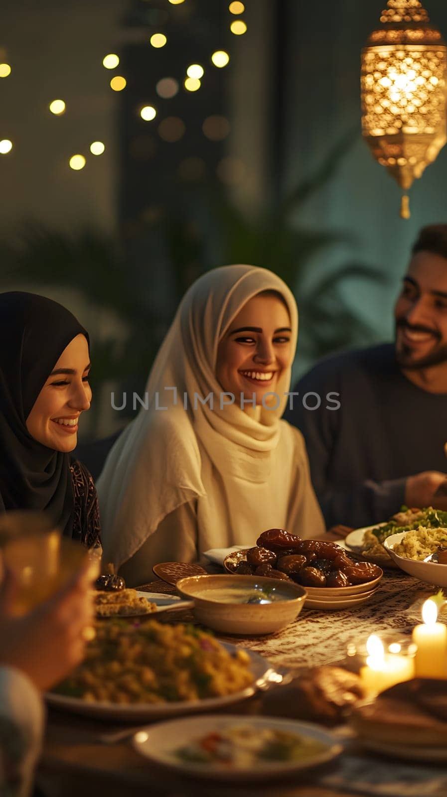 Friends enjoying a meal together, surrounded by warm lighting.