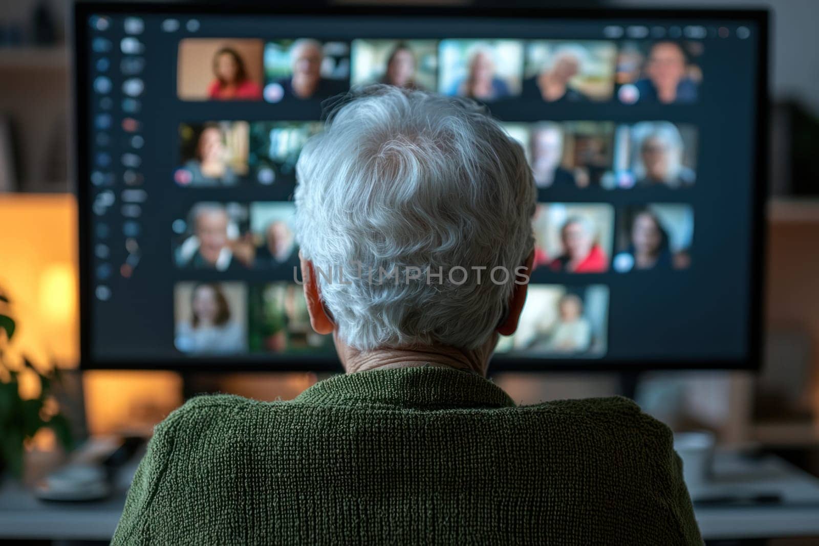 An Elderly woman video chatting with family on large screen, feeling connected and joyful