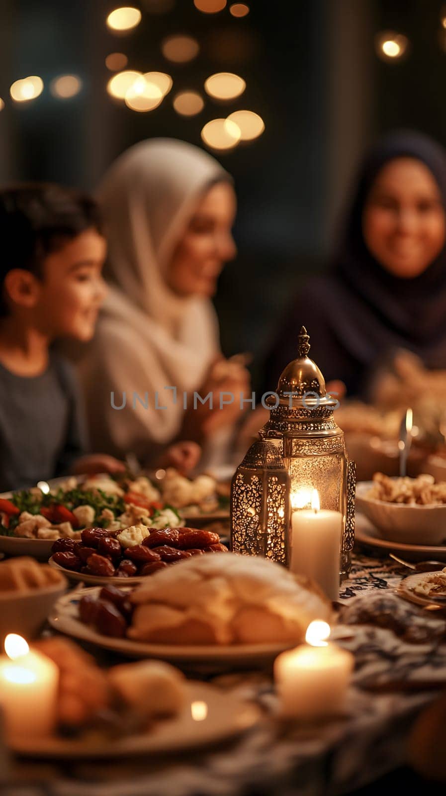 Family gathering around a table filled with diverse dishes and candles.