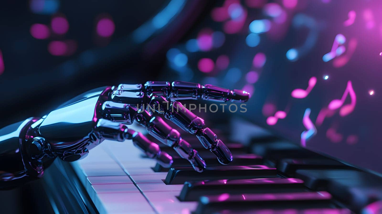 Robotic hand playing piano with musical notes in vibrant colors.