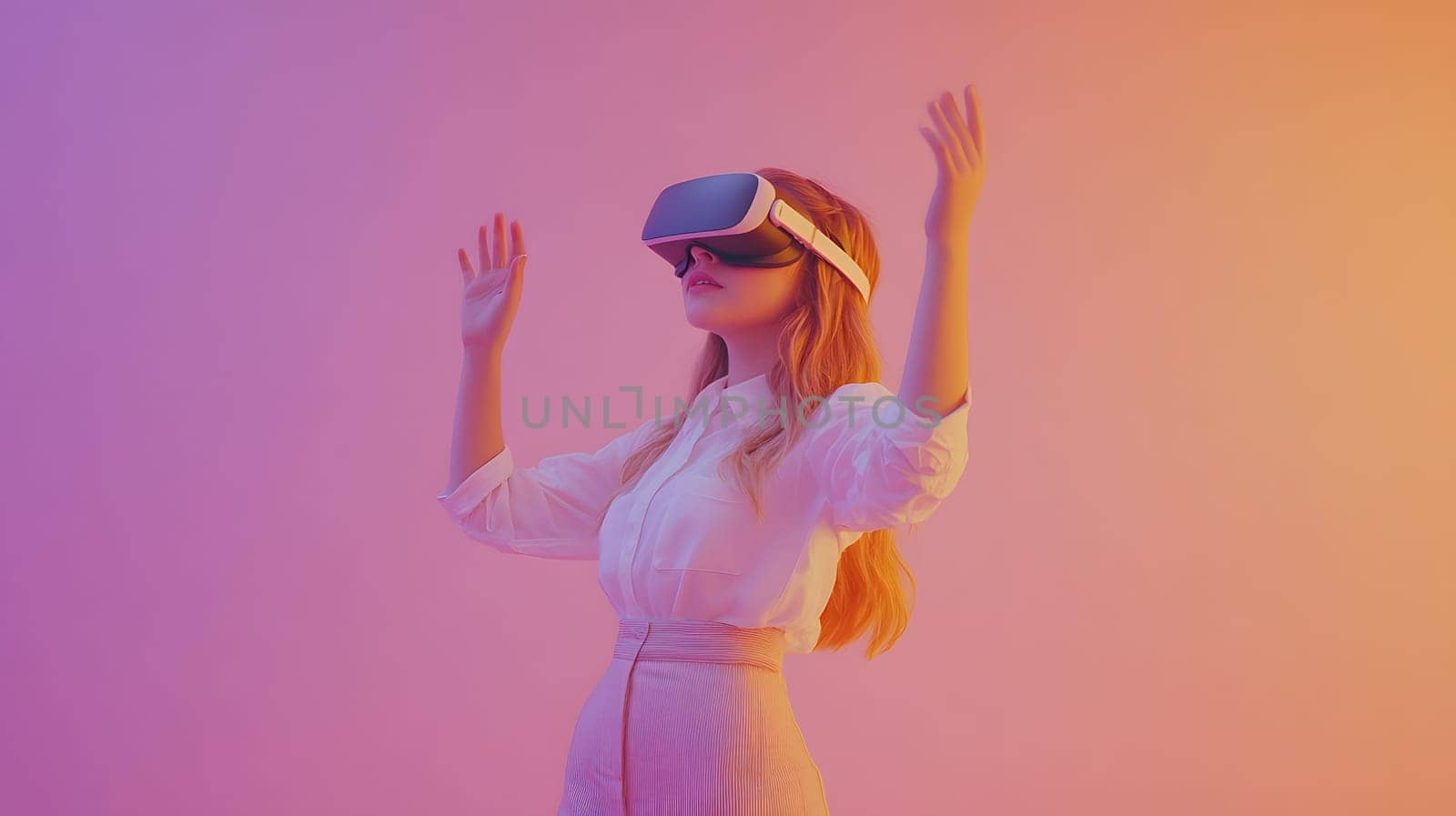 Woman in virtual reality headset with hands raised in vibrant lighting.