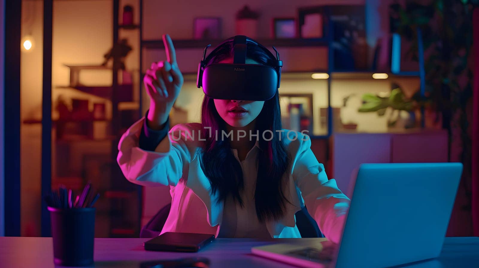 Woman using virtual reality headset in a modern workspace.