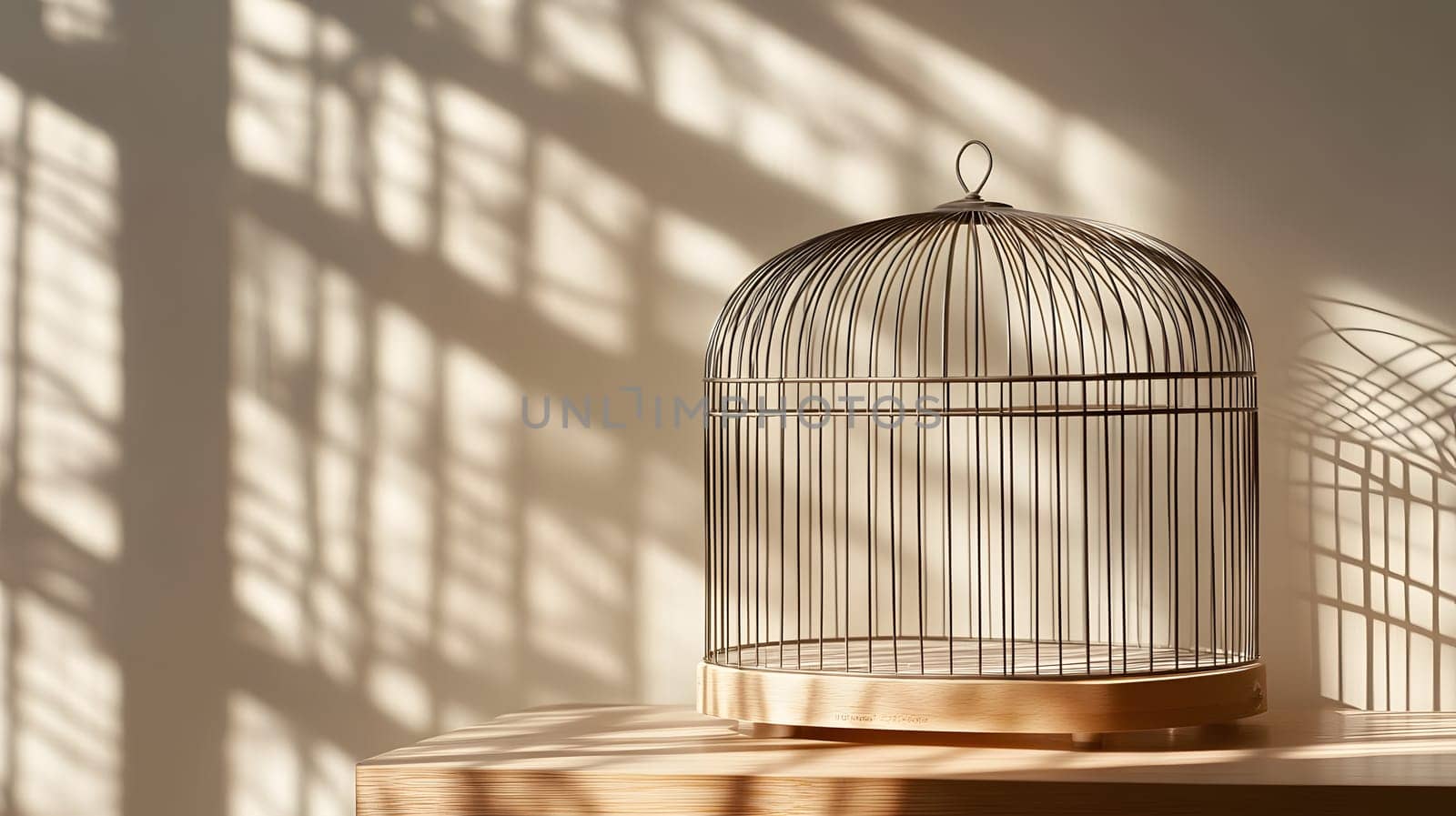 A decorative birdcage casting intricate shadows on a wall.