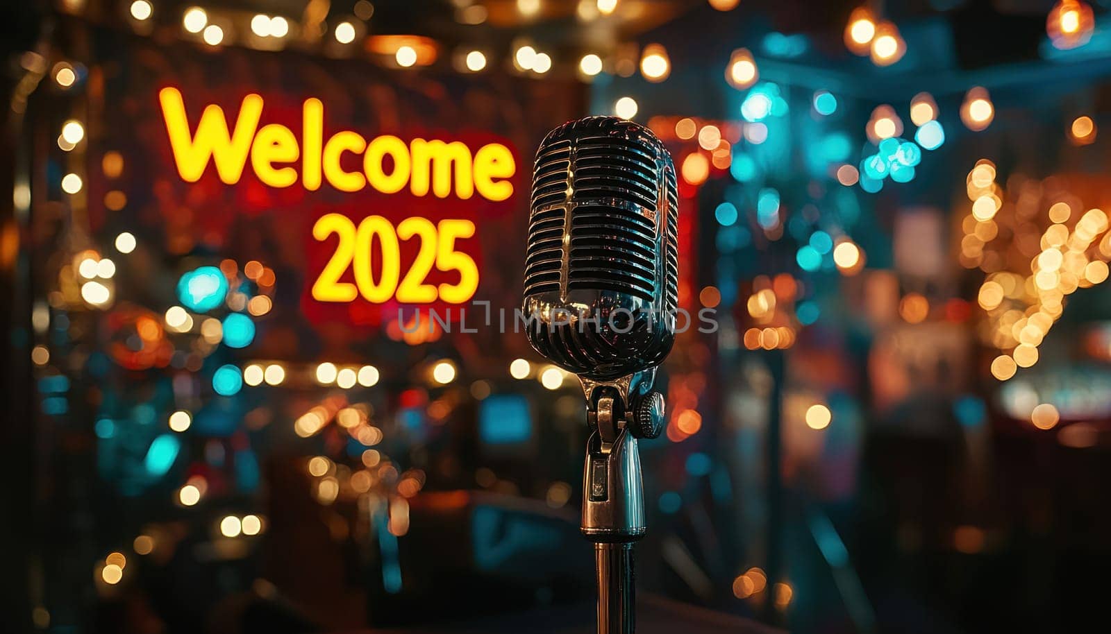 A Welcome 2025 sign illuminated behind vintage microphone, creating festive atmosphere for celebrations