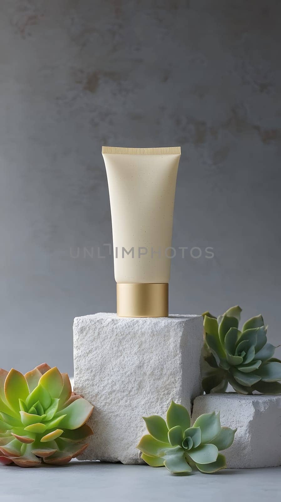 A minimalist display featuring a cream tube and succulents.