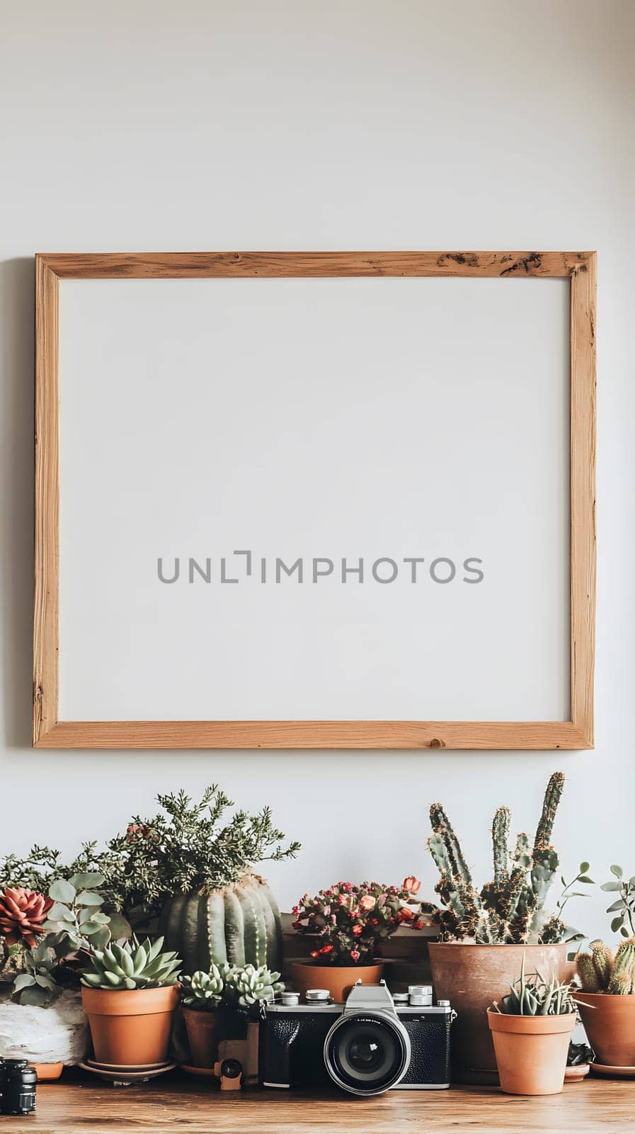 A minimalist display featuring potted plants and a blank frame.