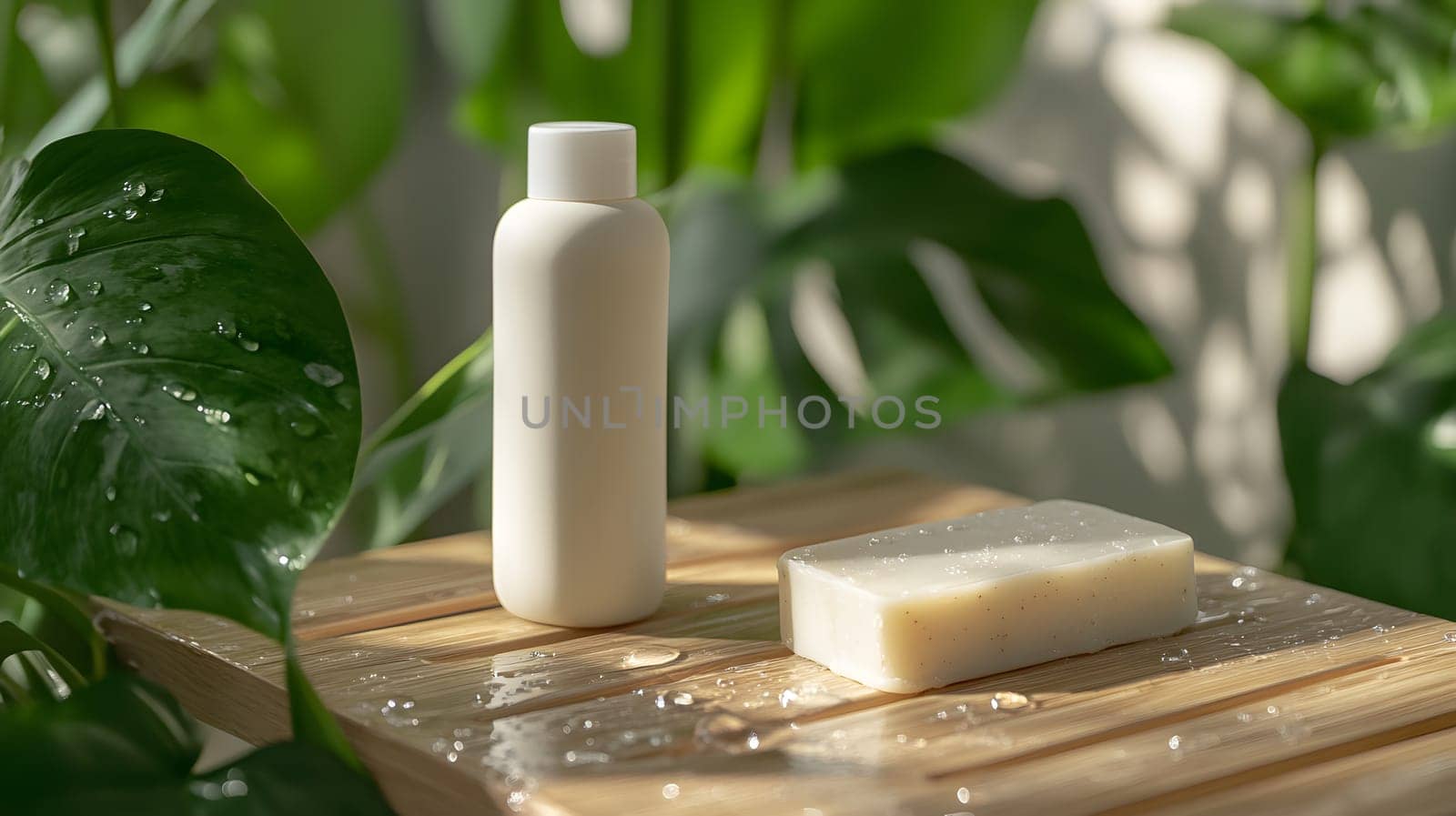 A minimalist display of a shampoo bottle and soap on a wooden surface.