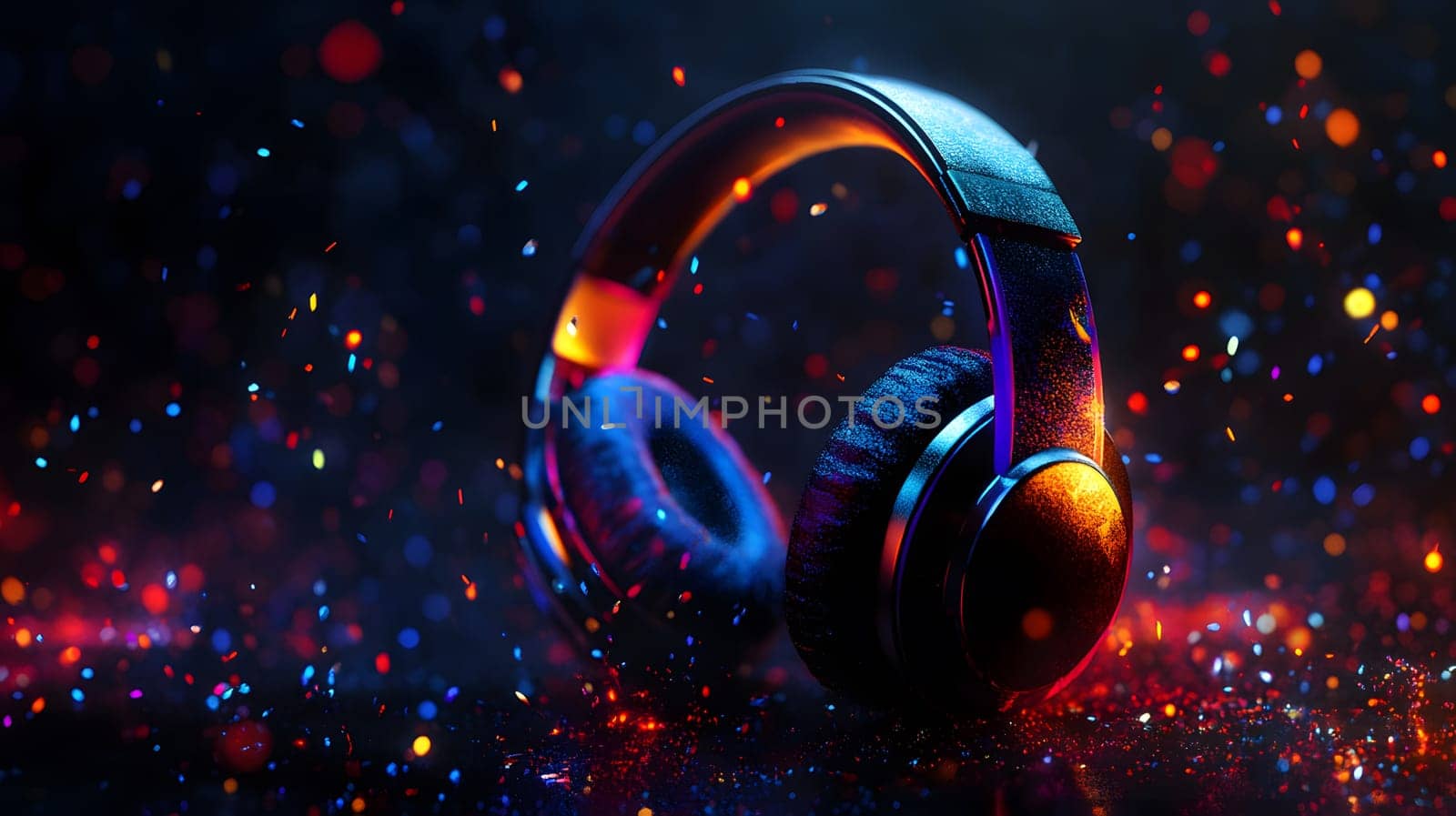 A pair of headphones surrounded by colorful sparkles and lights.